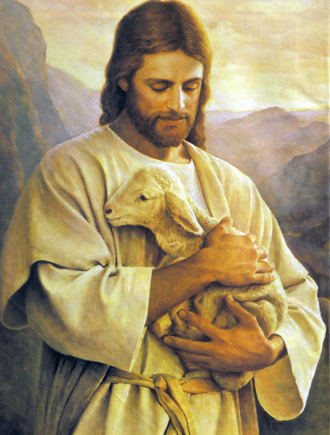 A painting of Jesus holding a lamb gently in His arms.