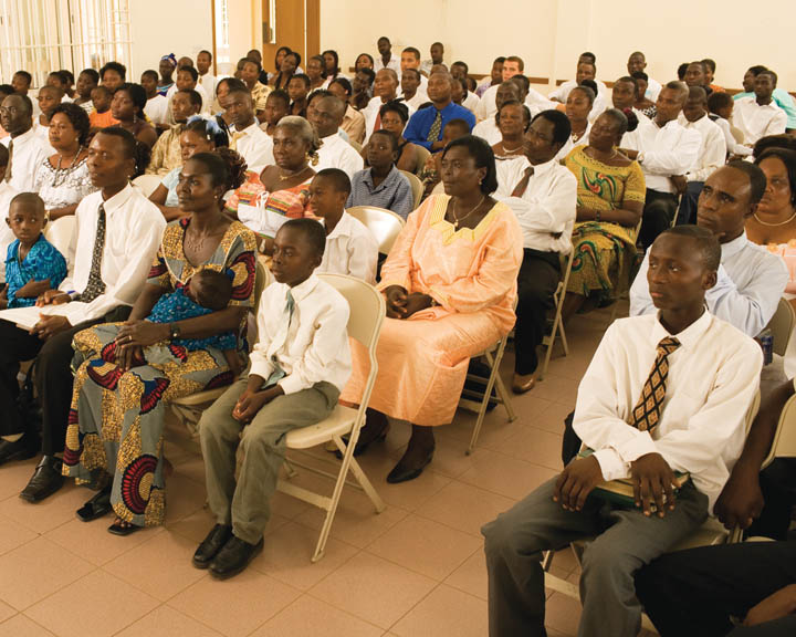 A photo of a Mormon Church meeting, with a predominately African-American congregation.