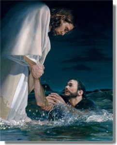 A painting depicting Christ pulling Peter out of the water after he has started to sink.