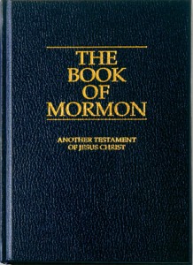 A photo of The Book of Mormon, hardback, blue edition.