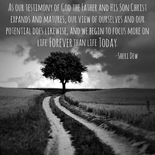 "As our testimony of God the Father and His Son Christ expands and matures, our view of ourselves and our potential does likewise, and we begin to focus more on life forever than life today." - Sheri Dew; A black and white photo of a tree at the end of a dirt road.