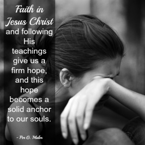 Woman crying and a quote about faith in Jesus Christ.