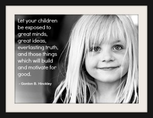 Black and white photo of a Mormon child and a quote about children from Gordon Hinckley.