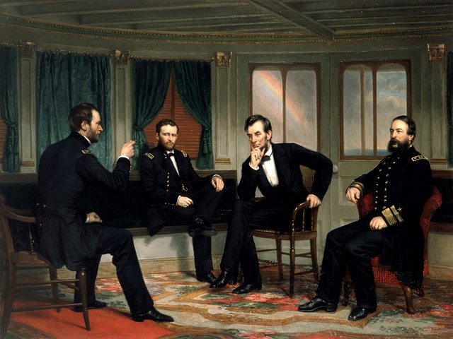 A painting of Lincoln planning with advisers. 