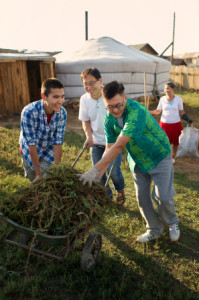 Men doing yardwork as a service to others