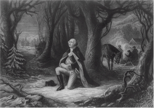 George Washington kneeling in prayer at Valley Forge.