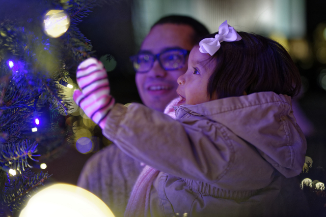 A father and daughter look at lights on a Christmas tree.