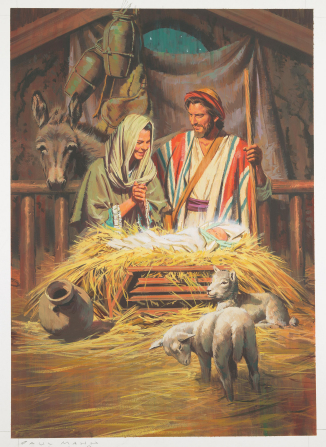 Joseph, Mary and Baby Jesus in the stable after His birth.