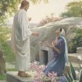 Jesus greet Mary at the empty tomb after His resurrection. We celebrate His victory over the grave at Easter.