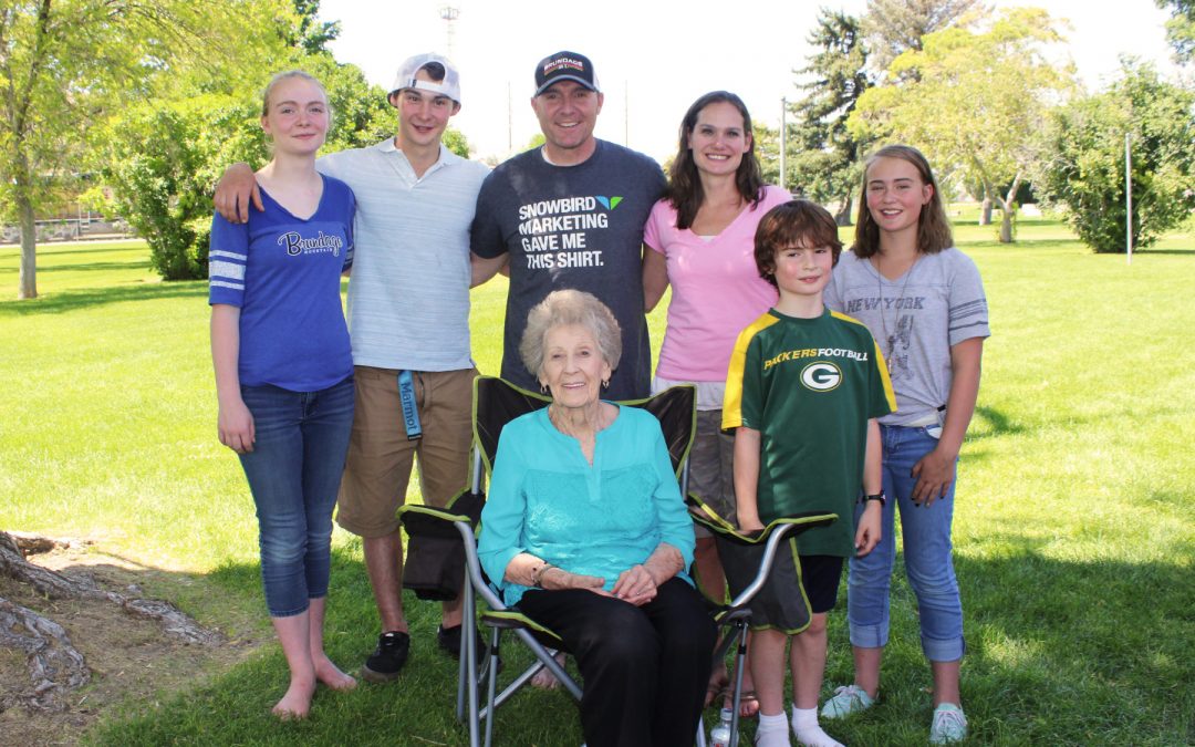 Montague family picture with Grandma B. She is 100 years old.