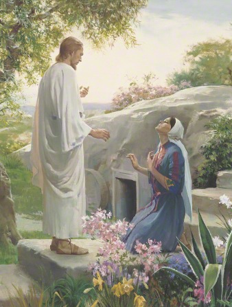 Mary and the resurrected Christ at the tomb.