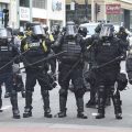 Police form a protective line during the rioting in Portland, Oregon.